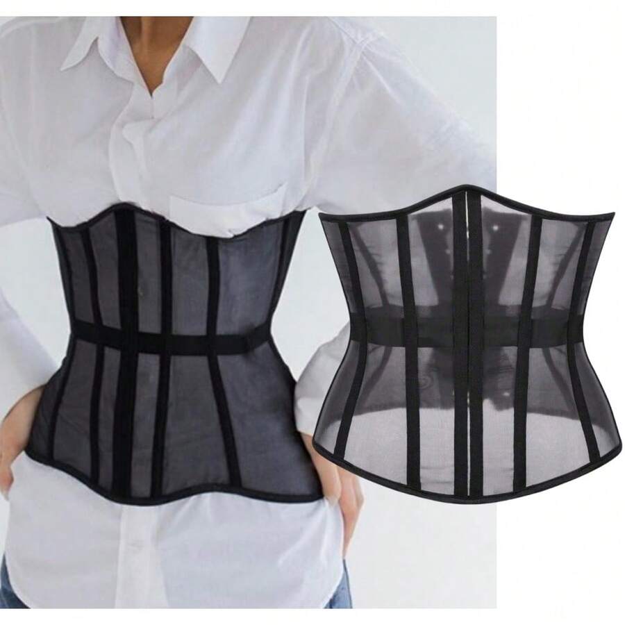 Women's black sheer mesh bustier corset top featuring a vintage slim fit overbust silhouette with subtle floral details.