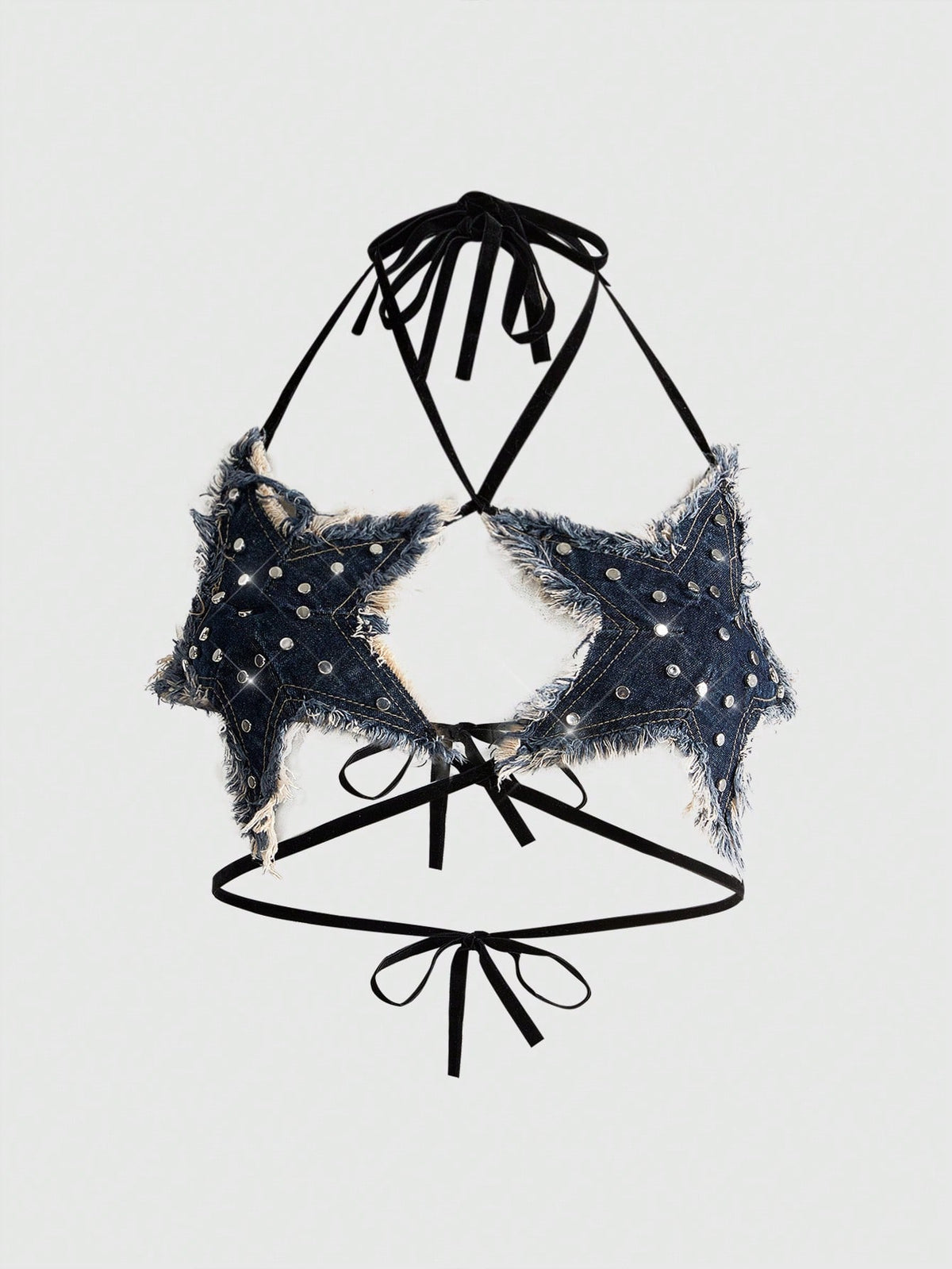 Black denim halter crop top featuring a backless lace-up tie back and star rivet accents for women.