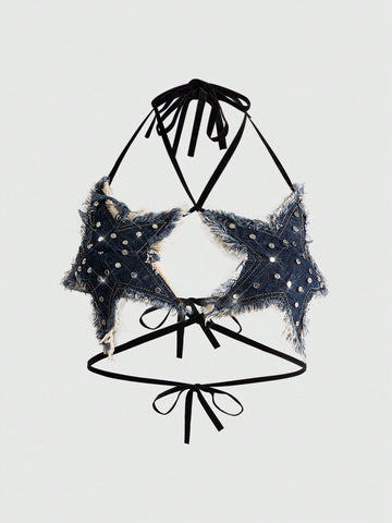 Black denim halter crop top featuring a backless lace-up tie back and star rivet accents for women.