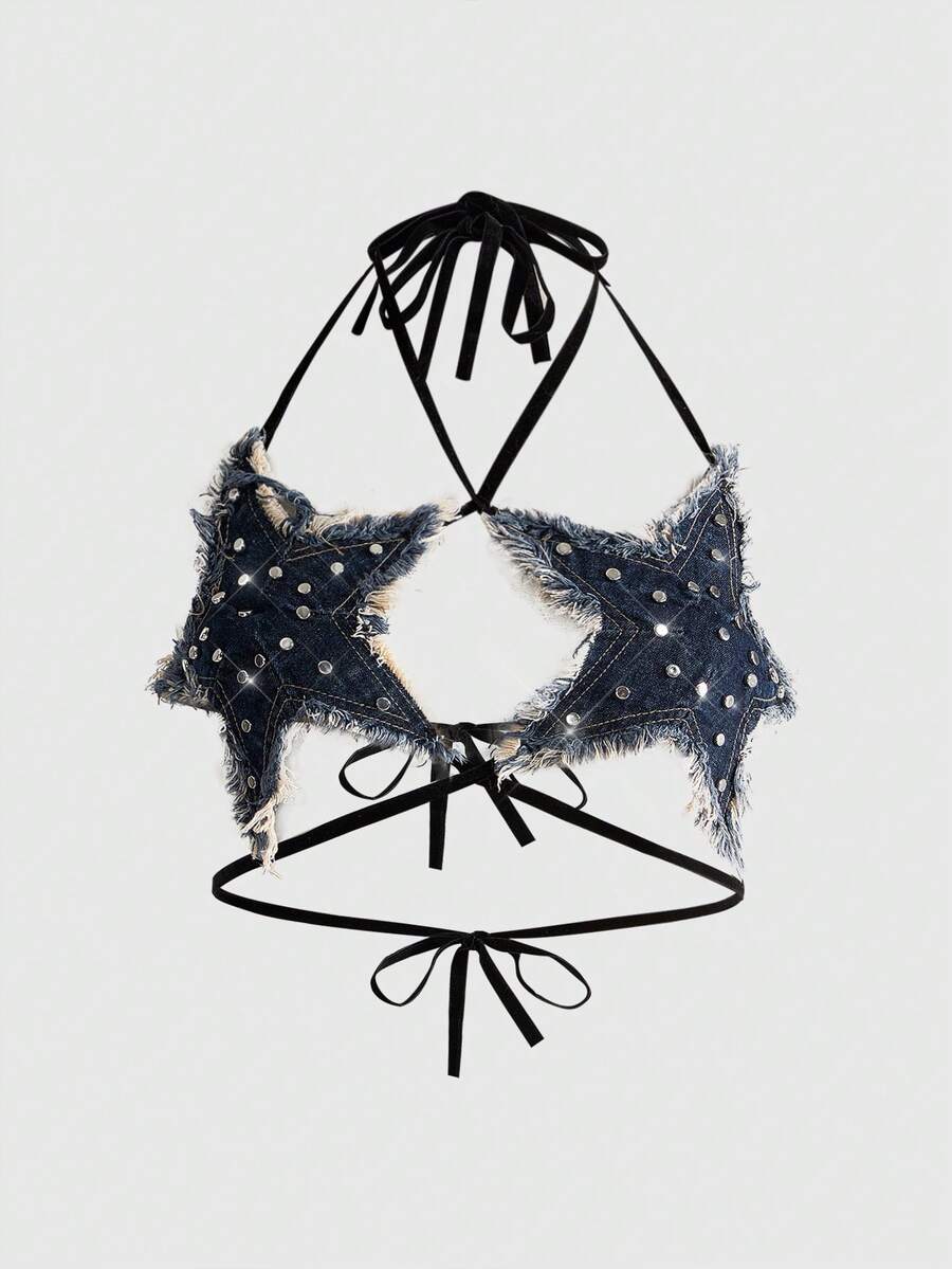 Black denim halter crop top featuring a backless lace-up tie back and star rivet accents for women.