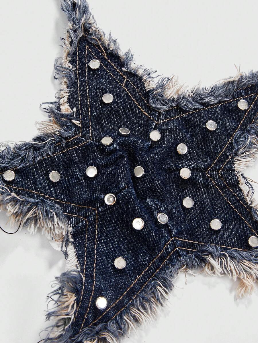 Black denim halter crop top featuring a backless lace-up tie back and star rivet accents for women.