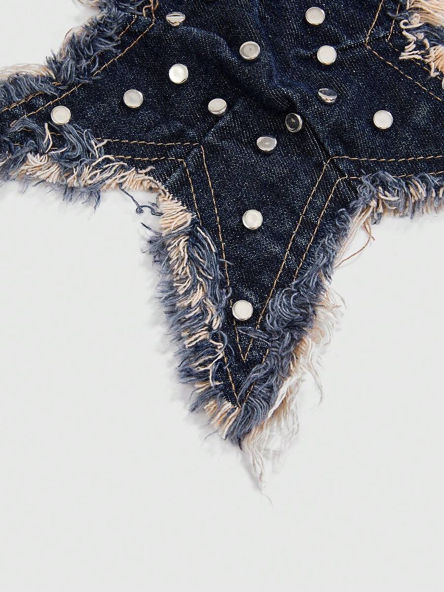 Black denim halter crop top featuring a backless lace-up tie back and star rivet accents for women.