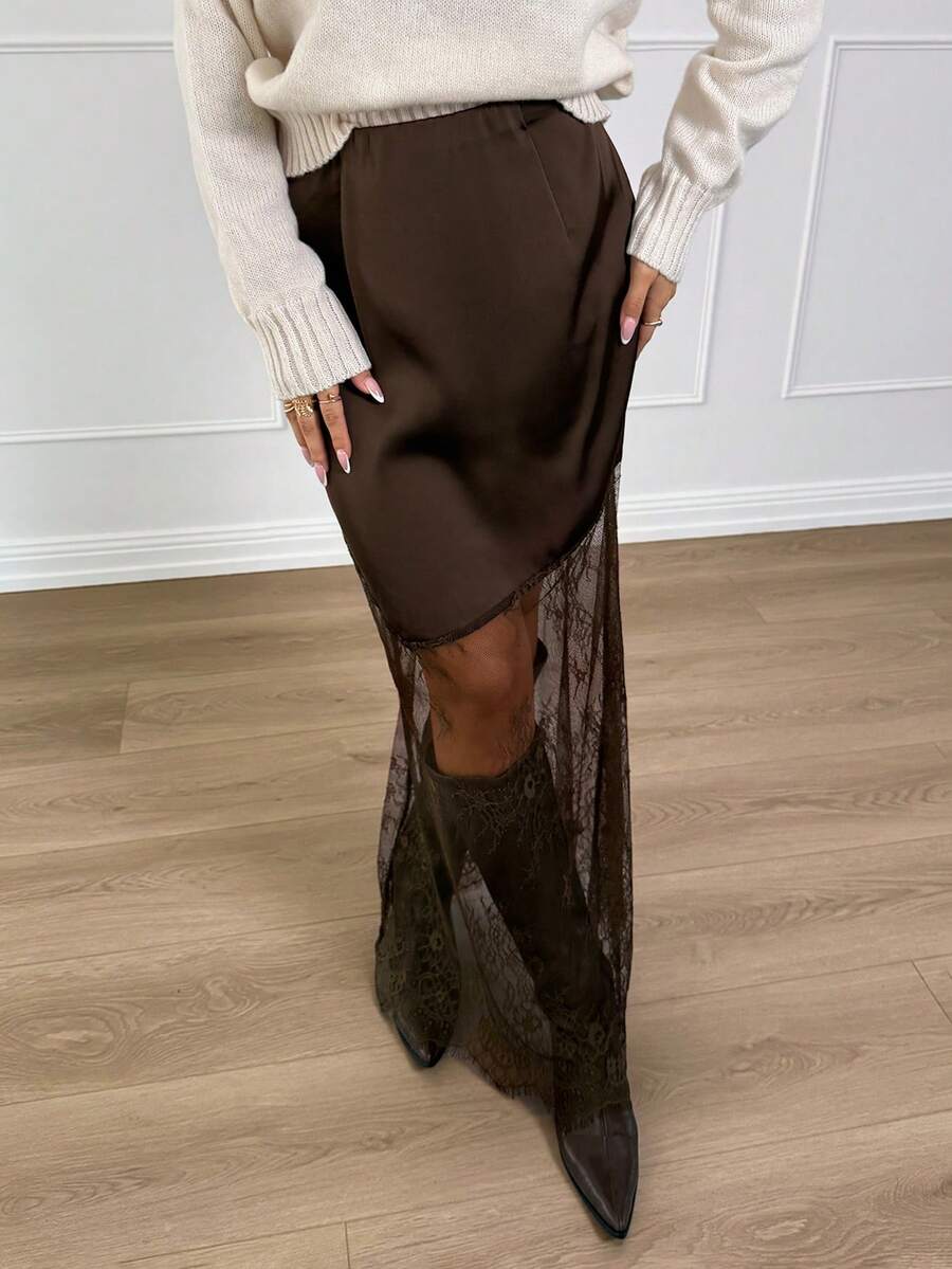 Women's army green lace patchwork maxi skirt with asymmetrical slit, low waist design, and semi-sheer mesh rib-knit details.
