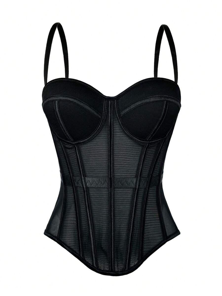 Women's brown backless corset camisole top featuring spaghetti straps, boned structure, and slim fit silhouette.