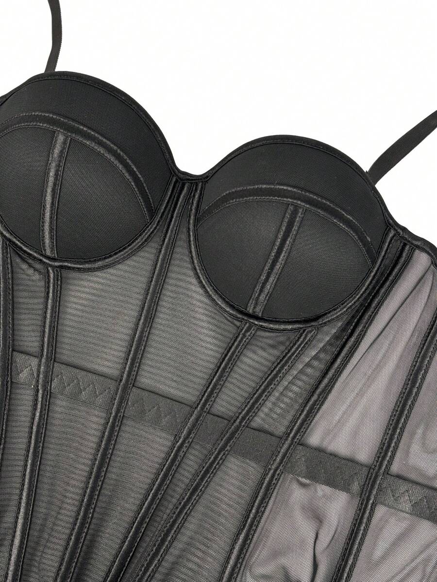 Women's brown backless corset camisole top featuring spaghetti straps, boned structure, and slim fit silhouette.