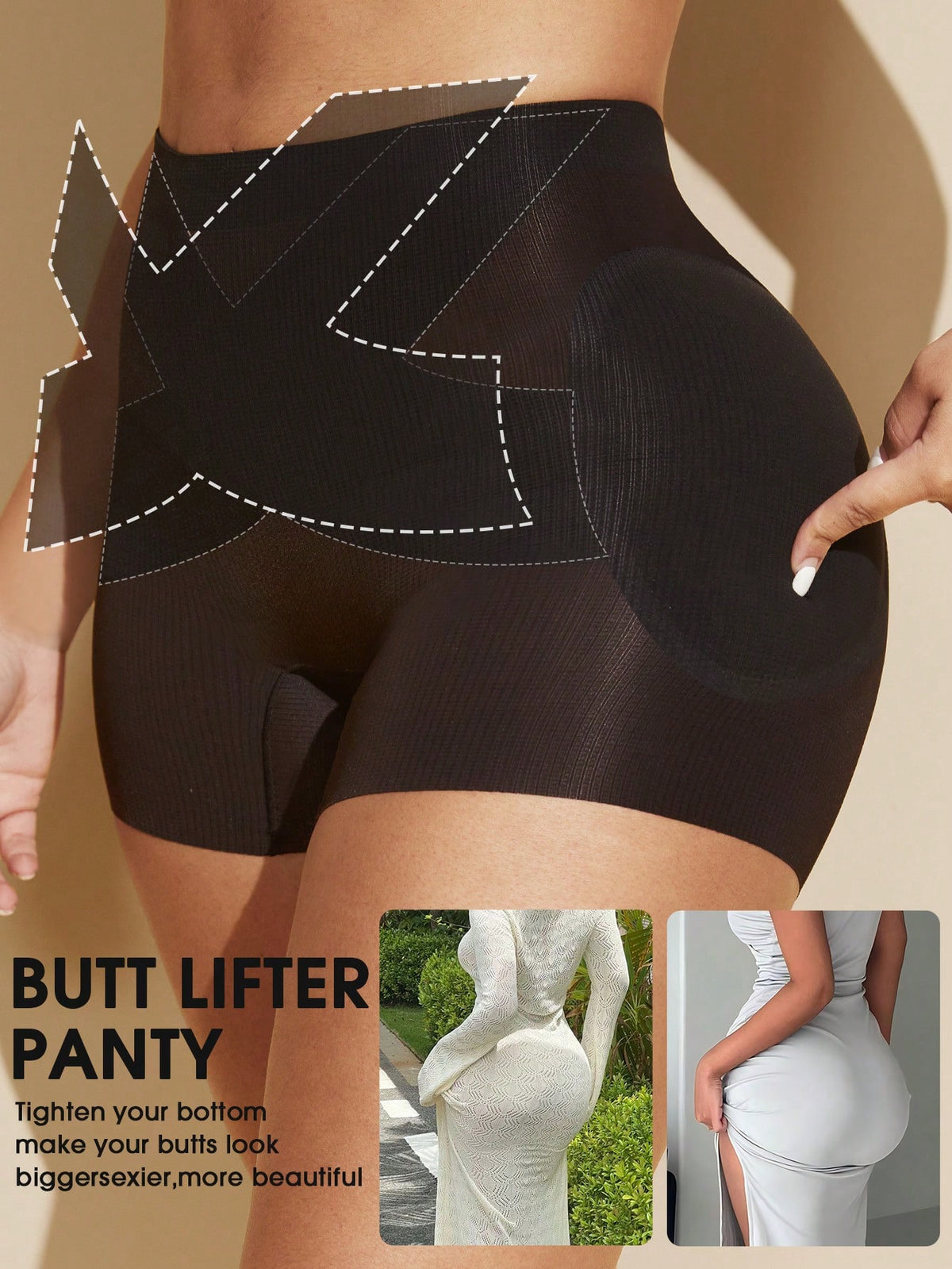Apricot high-stretch women's butt lifting shapewear shorts with removable padded buttocks for tummy and waist control.