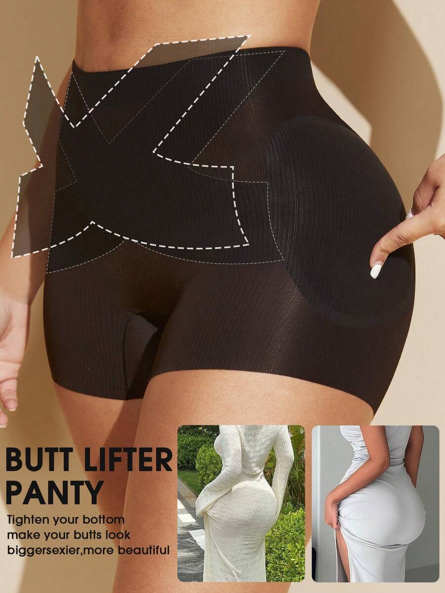 Apricot high-stretch women's butt lifting shapewear shorts with removable padded buttocks for tummy and waist control.