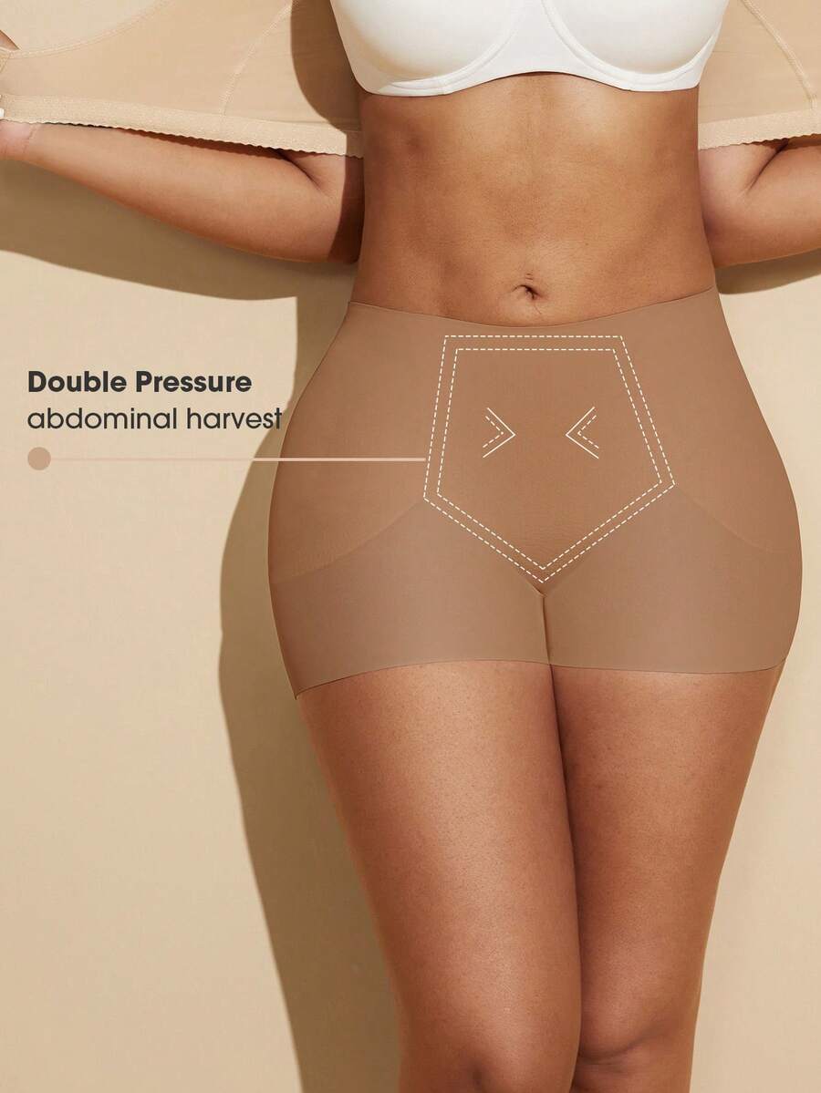 Women's black seamless waist trainer shorts featuring tummy control and butt lifting pads