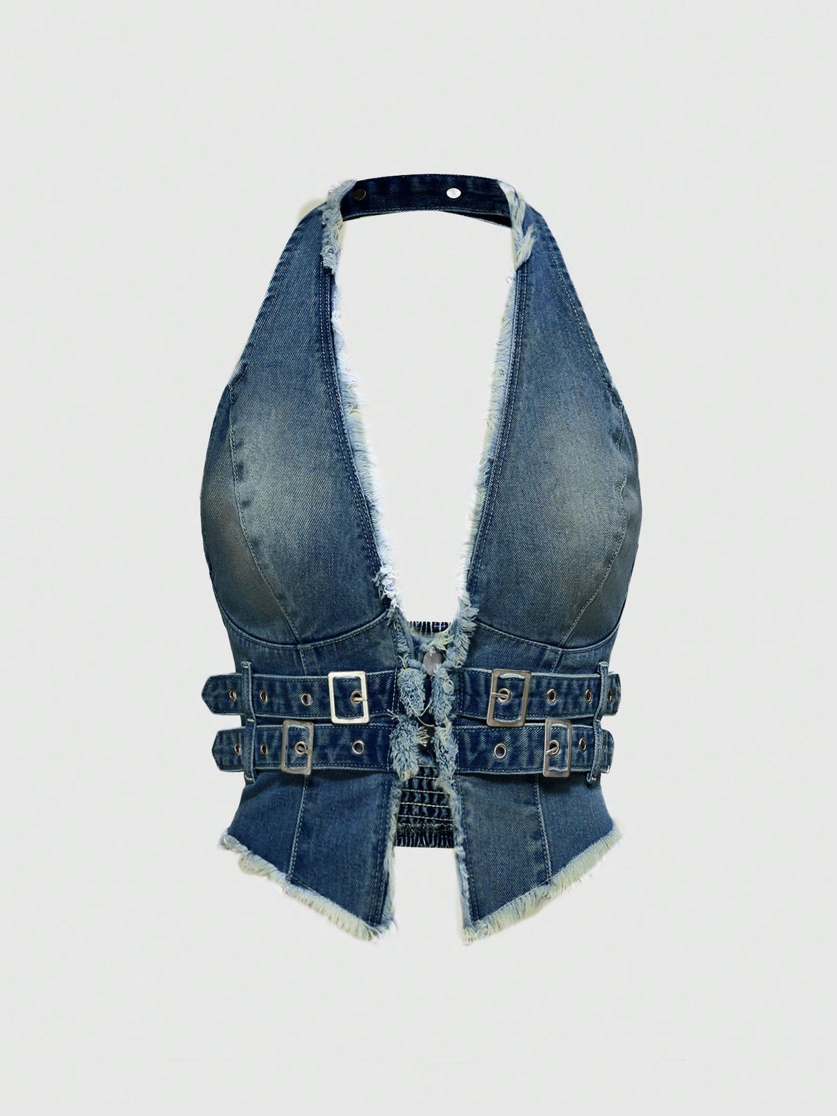 Women's denim halter crop top featuring a backless design, asymmetrical hem, single-breasted front, and lettuce trim.