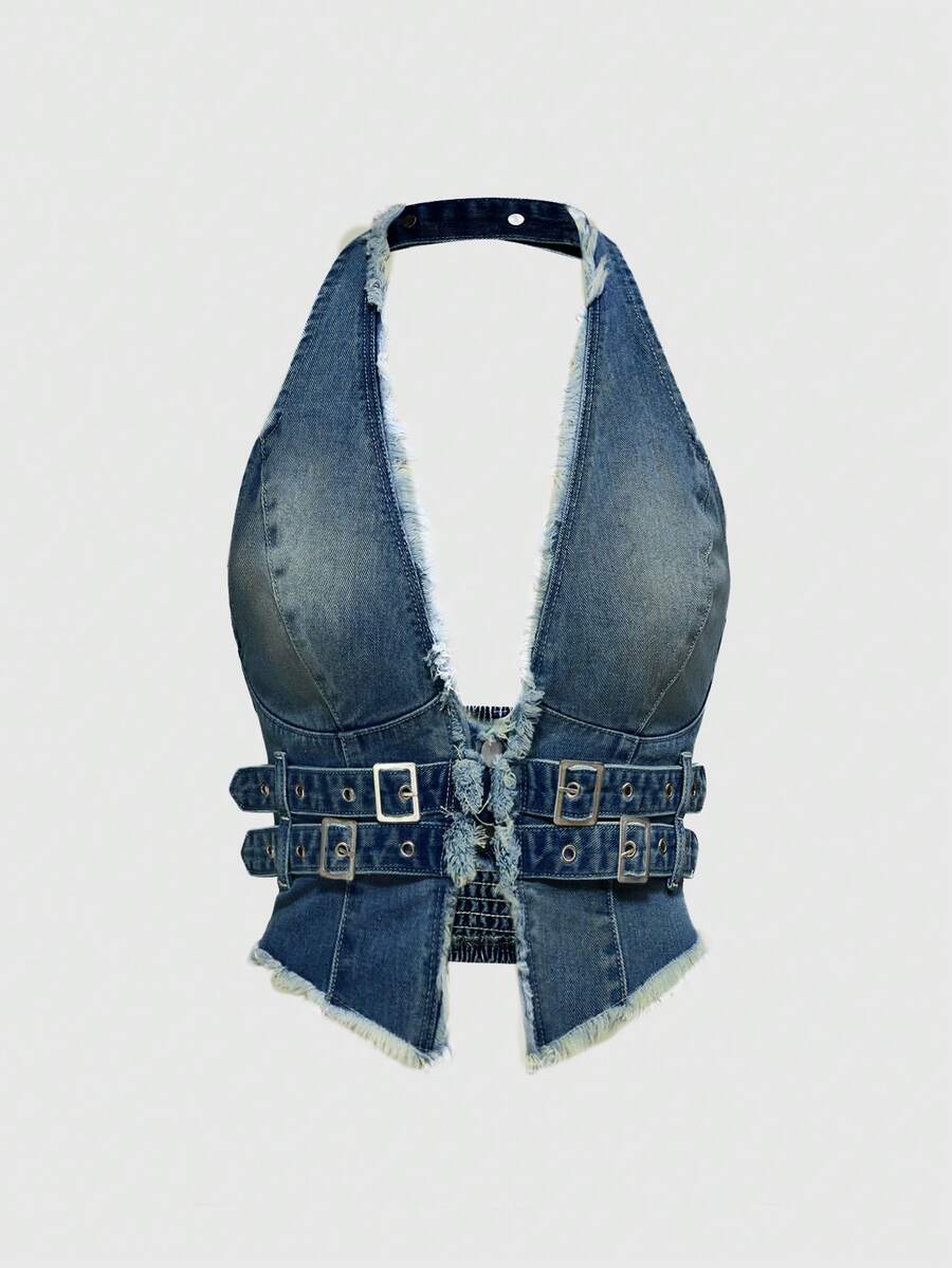 Women's denim halter crop top featuring a backless design, asymmetrical hem, single-breasted front, and lettuce trim.