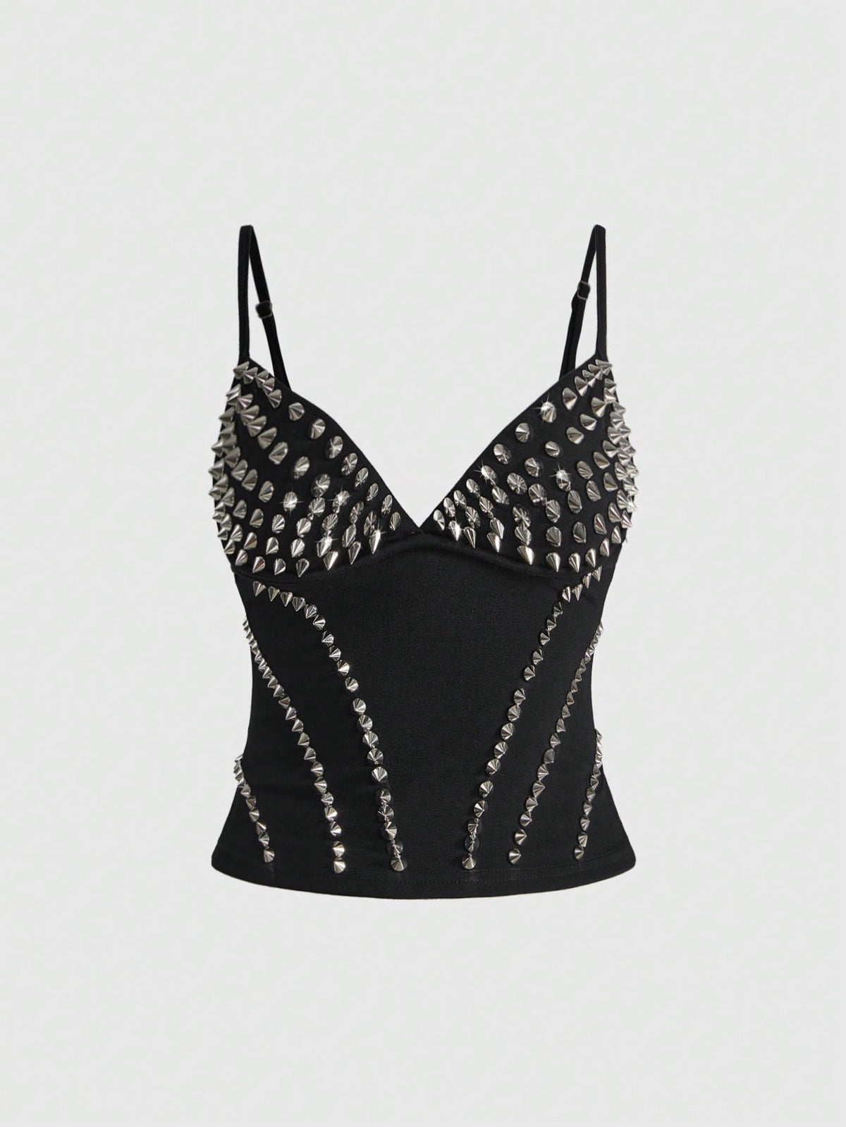 Front view of a black women's dark grunge camisole top featuring rivet studs, rhinestones, sequin details, spaghetti straps, and a slim fit.