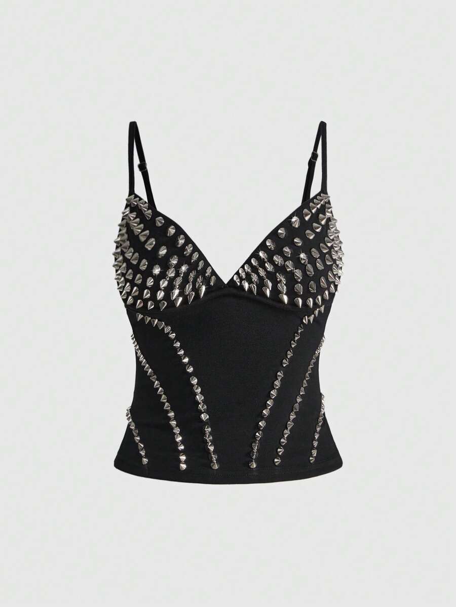 Front view of a black women's dark grunge camisole top featuring rivet studs, rhinestones, sequin details, spaghetti straps, and a slim fit.