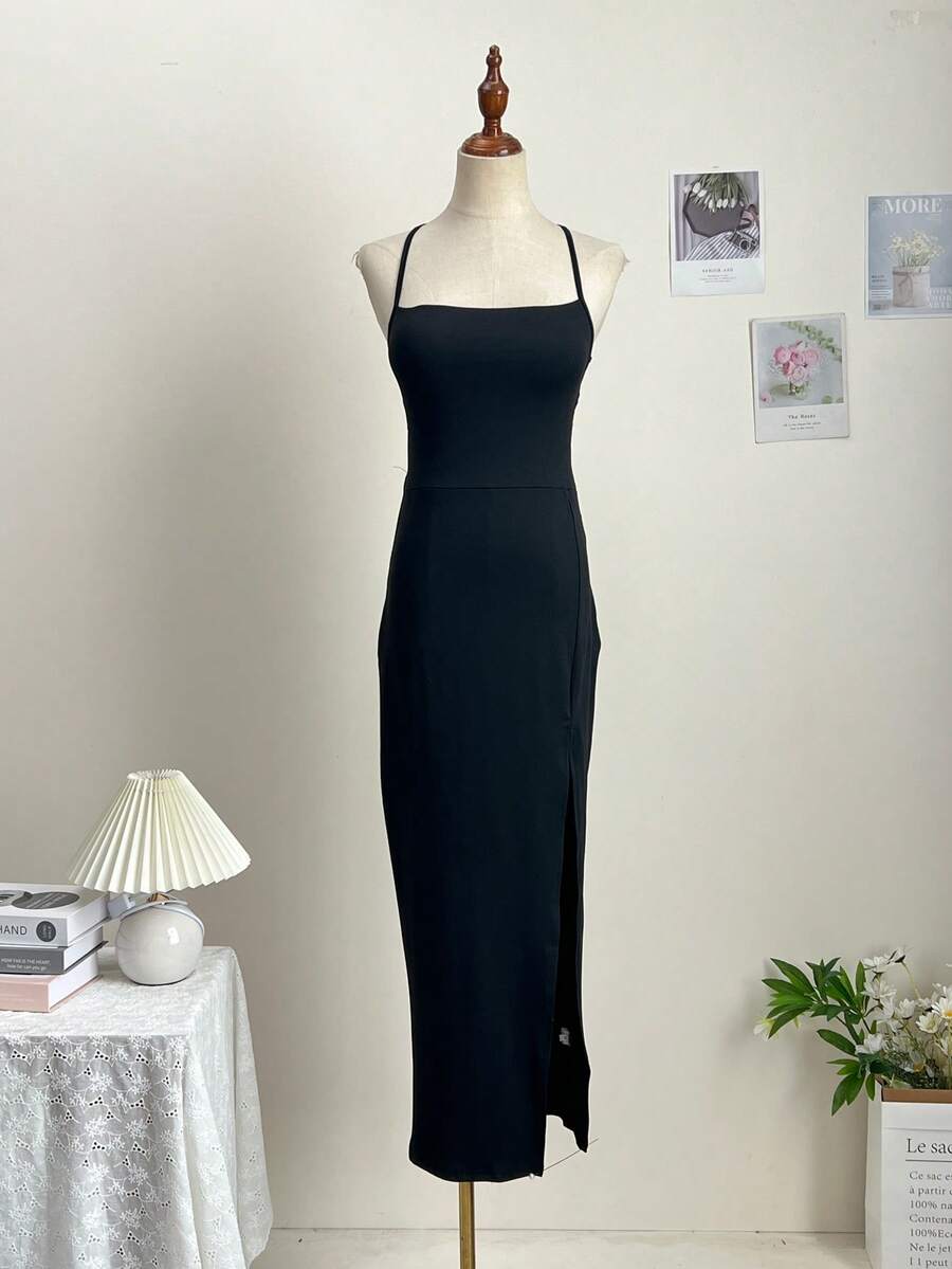 Women's backless sleeveless midi party dress with spaghetti straps and a high slit
