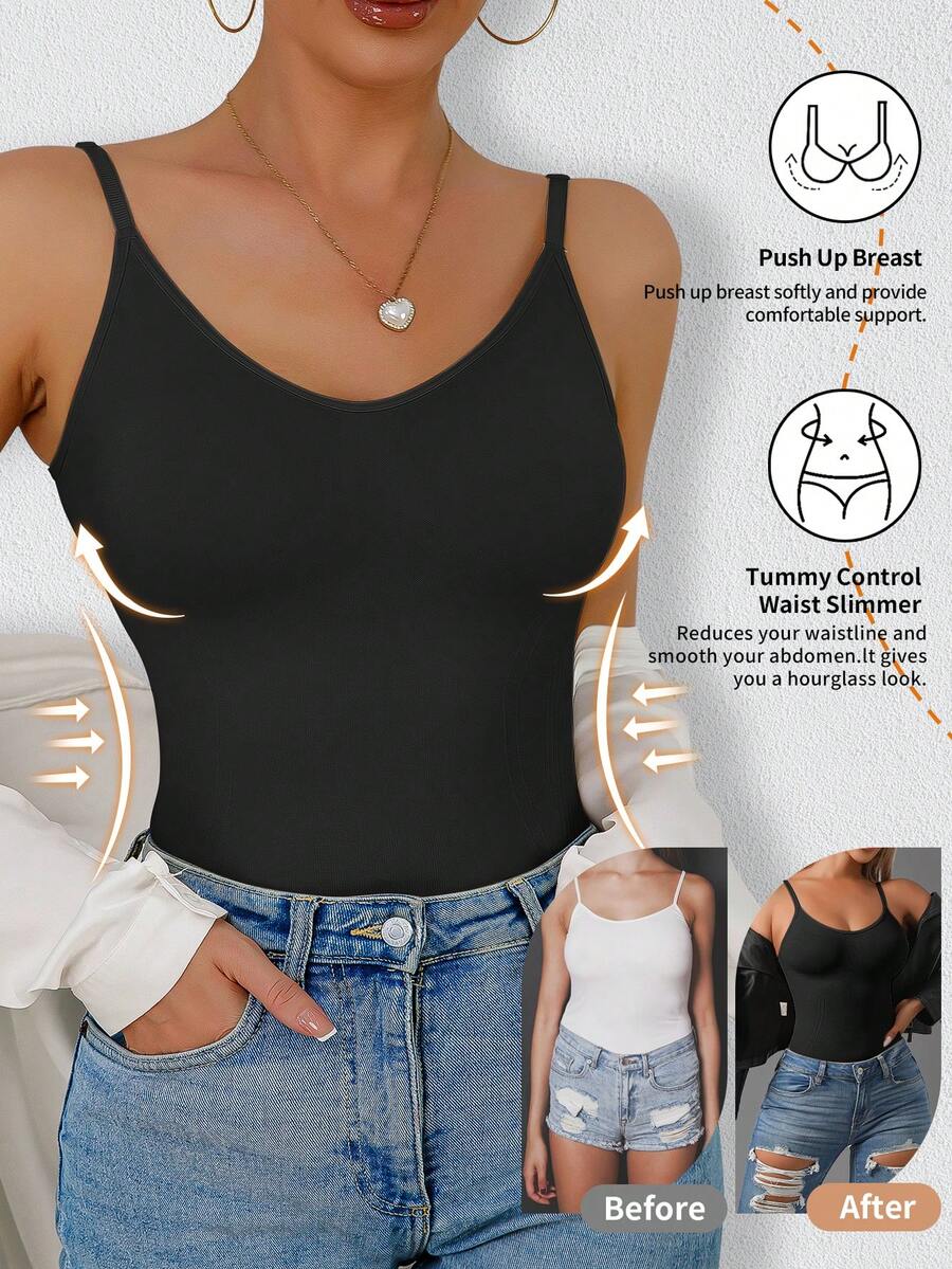 Women's black seamless shaping camisole top featuring a deep V-neckline, backless cut, and high-stretch fabric for waist and tummy control.
