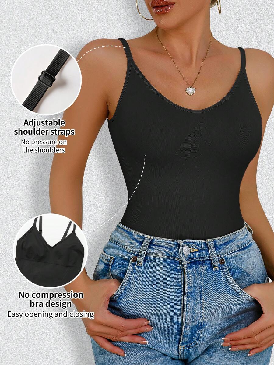 Women's black seamless shaping camisole top featuring a deep V-neckline, backless cut, and high-stretch fabric for waist and tummy control.