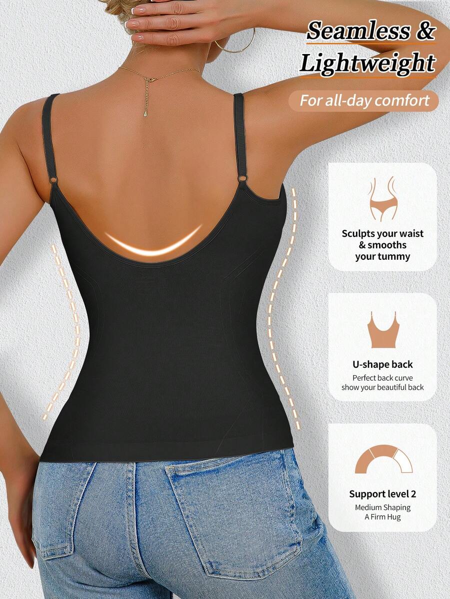 Women's black seamless shaping camisole top featuring a deep V-neckline, backless cut, and high-stretch fabric for waist and tummy control.