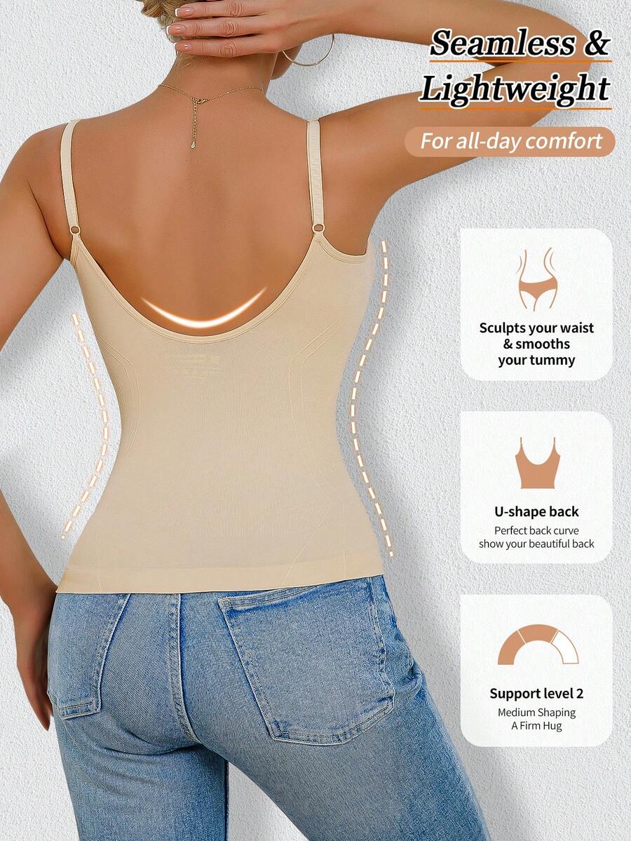 Women's black seamless shaping camisole top featuring a deep V-neckline, backless cut, and high-stretch fabric for waist and tummy control.