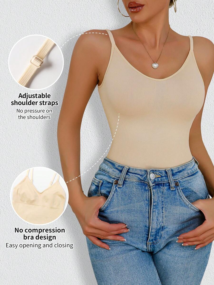 Women's black seamless shaping camisole top featuring a deep V-neckline, backless cut, and high-stretch fabric for waist and tummy control.