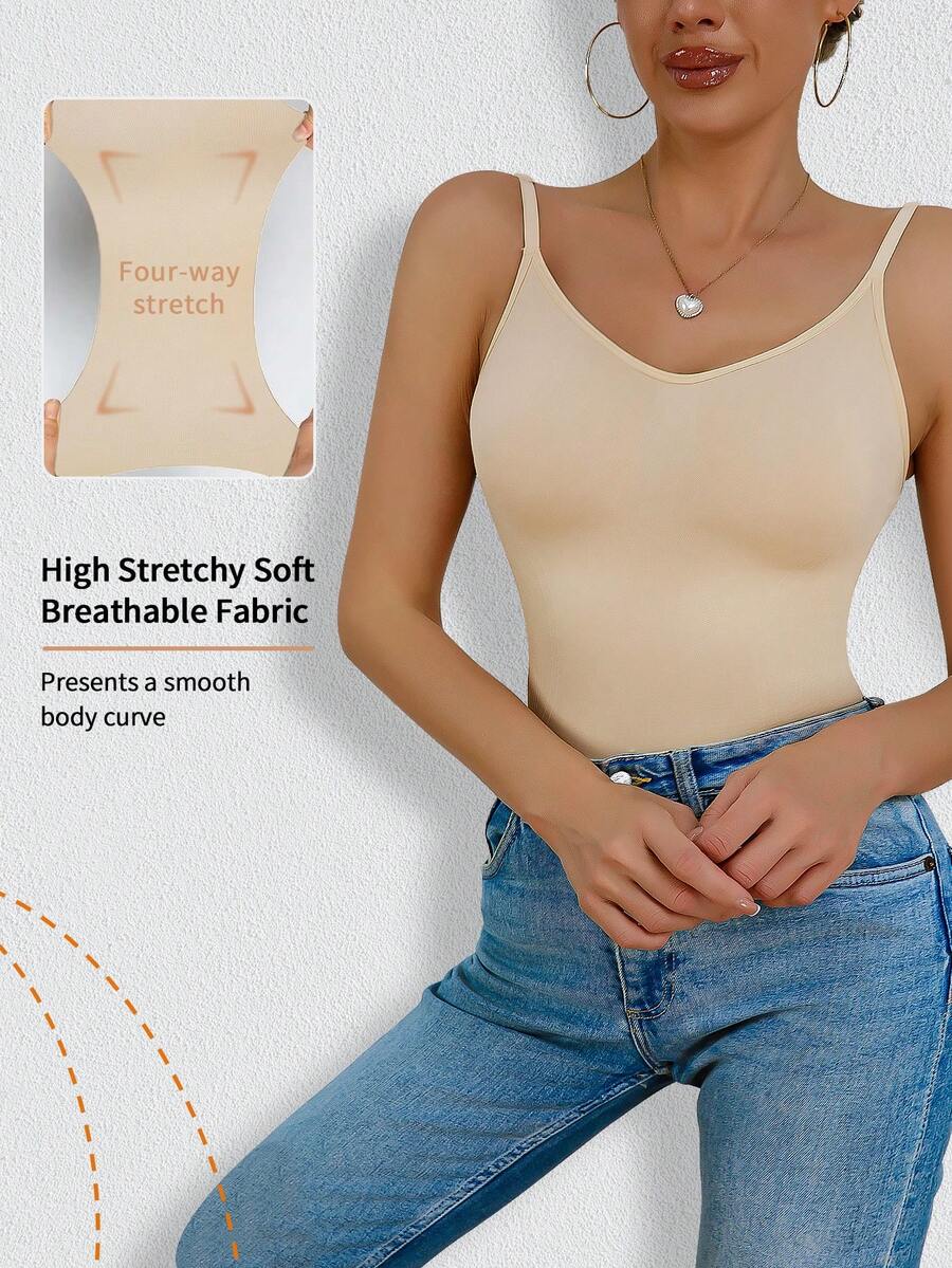 Women's black seamless shaping camisole top featuring a deep V-neckline, backless cut, and high-stretch fabric for waist and tummy control.