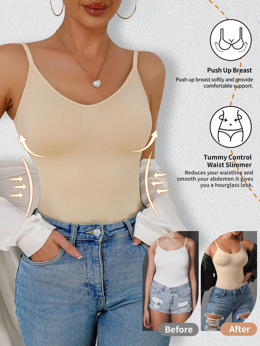 Women's black seamless shaping camisole top featuring a deep V-neckline, backless cut, and high-stretch fabric for waist and tummy control.