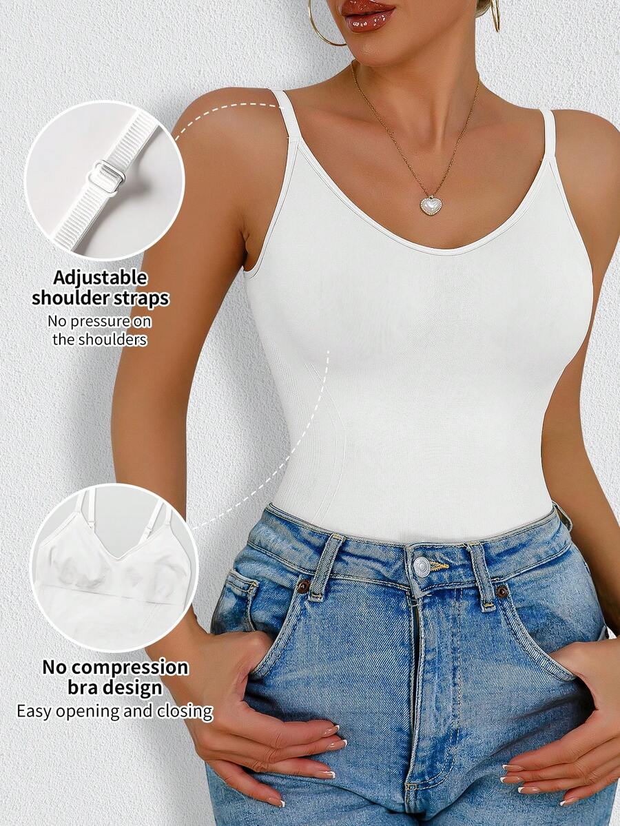 Women's black seamless shaping camisole top featuring a deep V-neckline, backless cut, and high-stretch fabric for waist and tummy control.