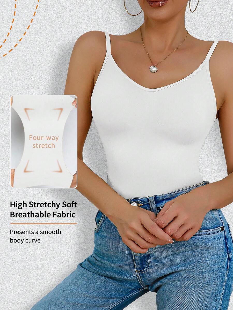 Women's black seamless shaping camisole top featuring a deep V-neckline, backless cut, and high-stretch fabric for waist and tummy control.
