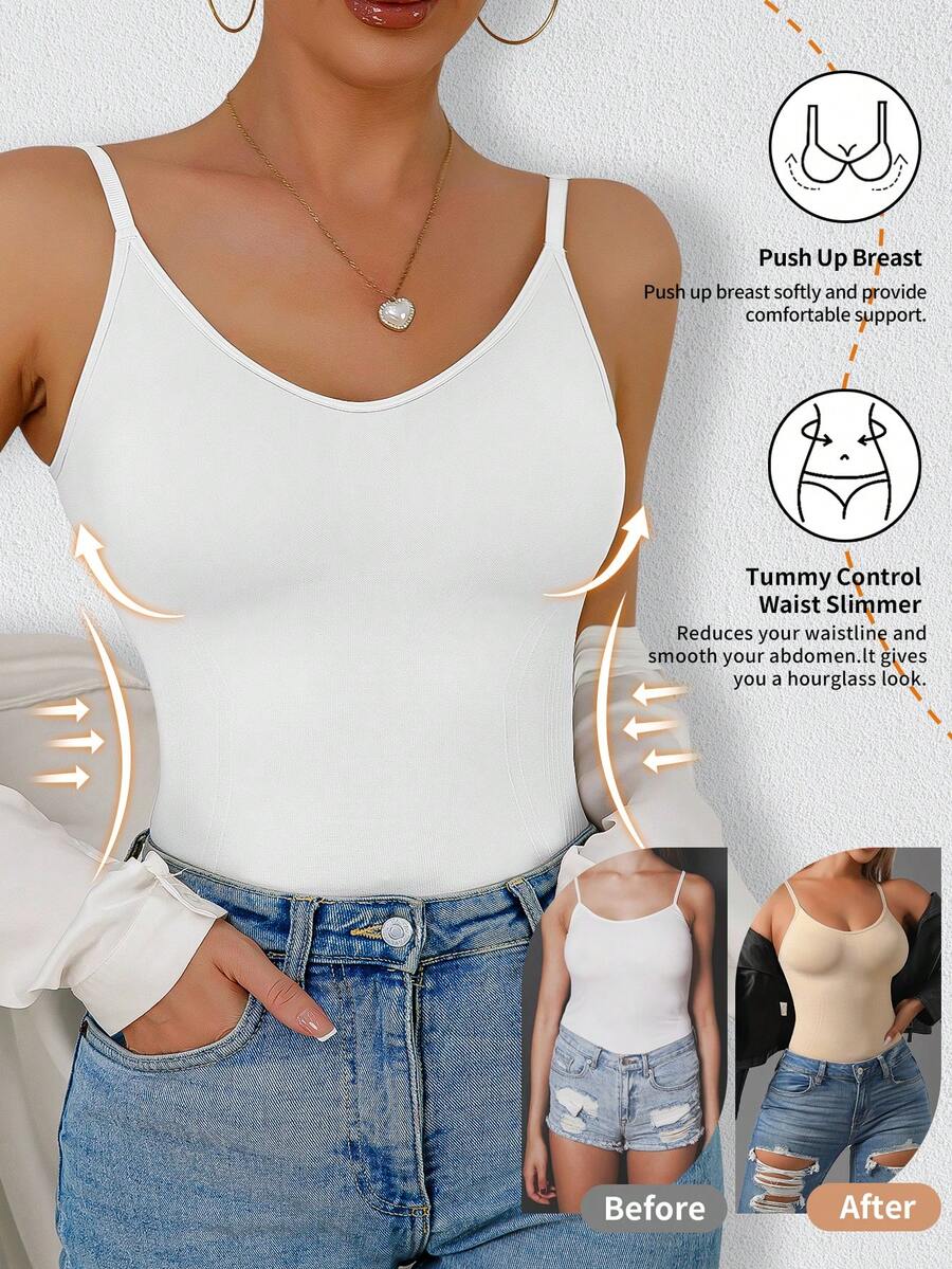 Women's black seamless shaping camisole top featuring a deep V-neckline, backless cut, and high-stretch fabric for waist and tummy control.