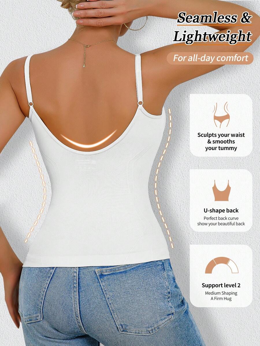Women's black seamless shaping camisole top featuring a deep V-neckline, backless cut, and high-stretch fabric for waist and tummy control.