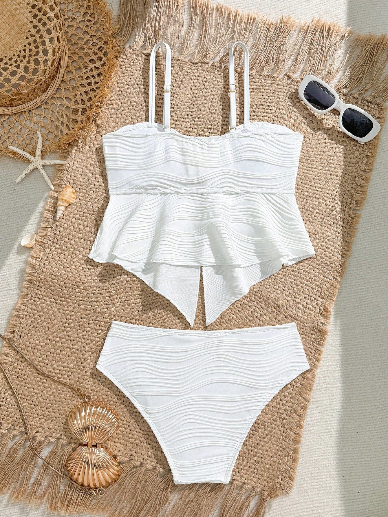 Tween girls two-piece tankini swimwear set with spaghetti straps, asymmetrical design, and 3D rose detail. Features a plant-pattern top and mid-waist bottoms in stretchy fabric for beach or pool wear.