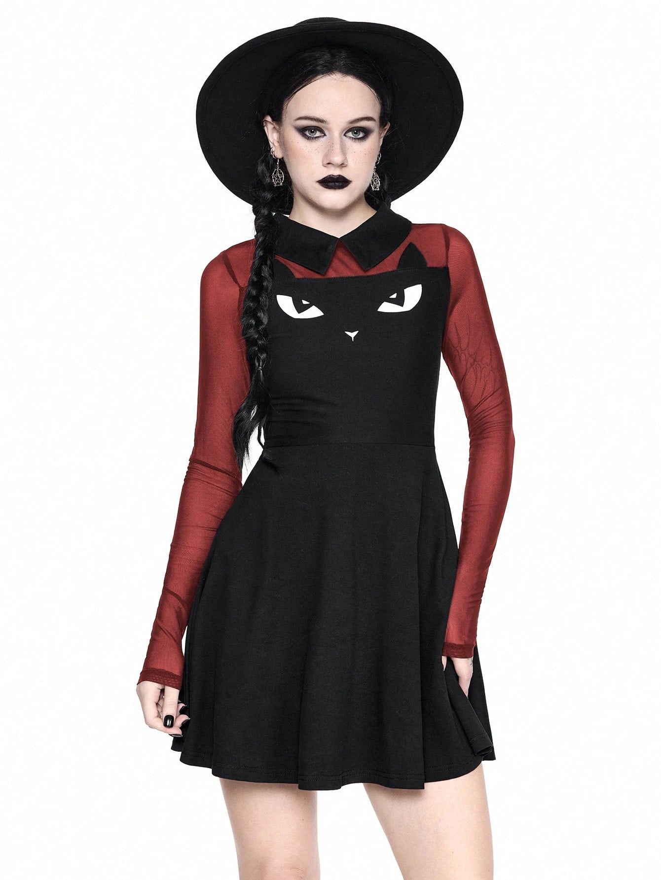 Women wearing a black gothic Halloween cat graphic print mini dress with a collar, extra-long sleeves, and a high waist fit and flare silhouette.