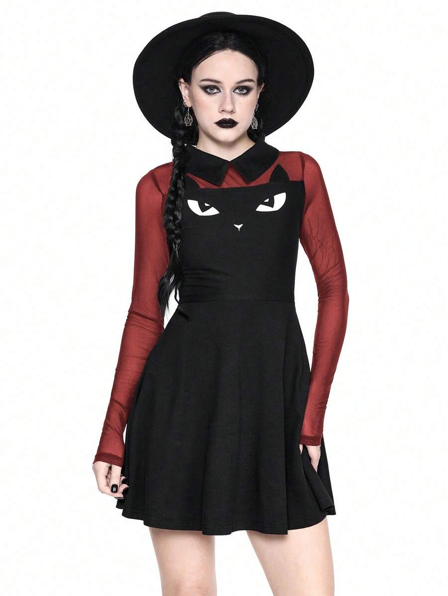 Women wearing a black gothic Halloween cat graphic print mini dress with a collar, extra-long sleeves, and a high waist fit and flare silhouette.