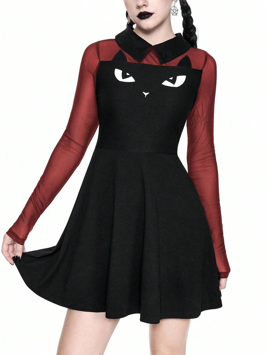 Women wearing a black gothic Halloween cat graphic print mini dress with a collar, extra-long sleeves, and a high waist fit and flare silhouette.