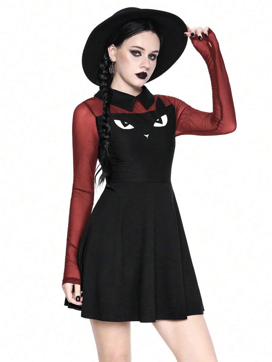 Women wearing a black gothic Halloween cat graphic print mini dress with a collar, extra-long sleeves, and a high waist fit and flare silhouette.