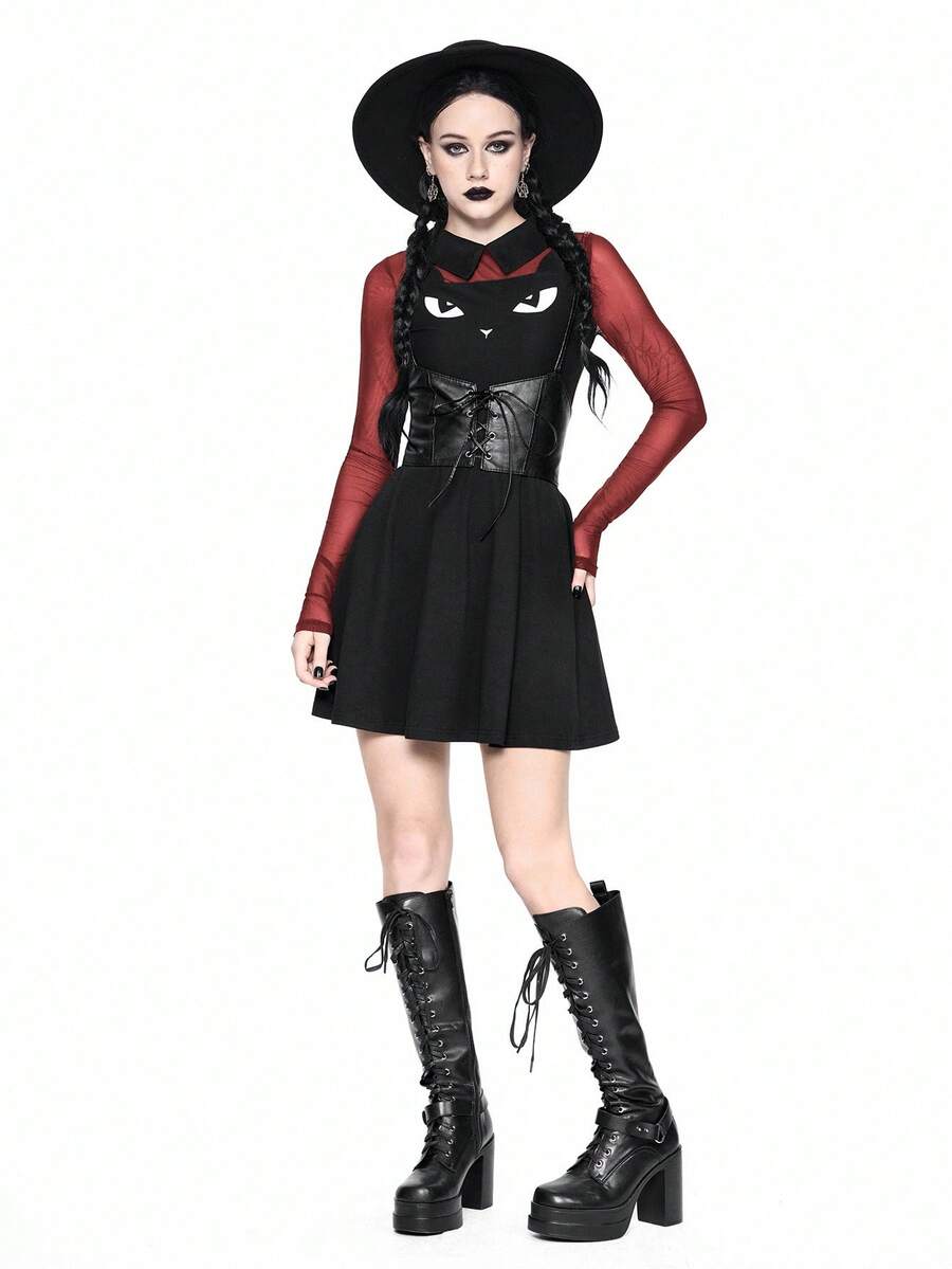 Women wearing a black gothic Halloween cat graphic print mini dress with a collar, extra-long sleeves, and a high waist fit and flare silhouette.