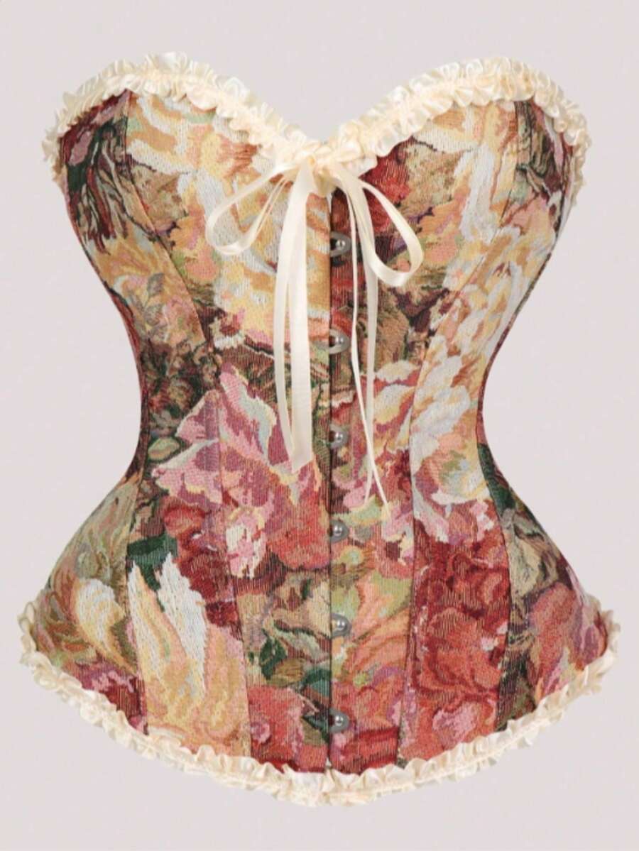 Multicolor floral print overbust corset top featuring a bow decor, asymmetrical ruffled hem, and sleeveless palace style bustier silhouette for women.