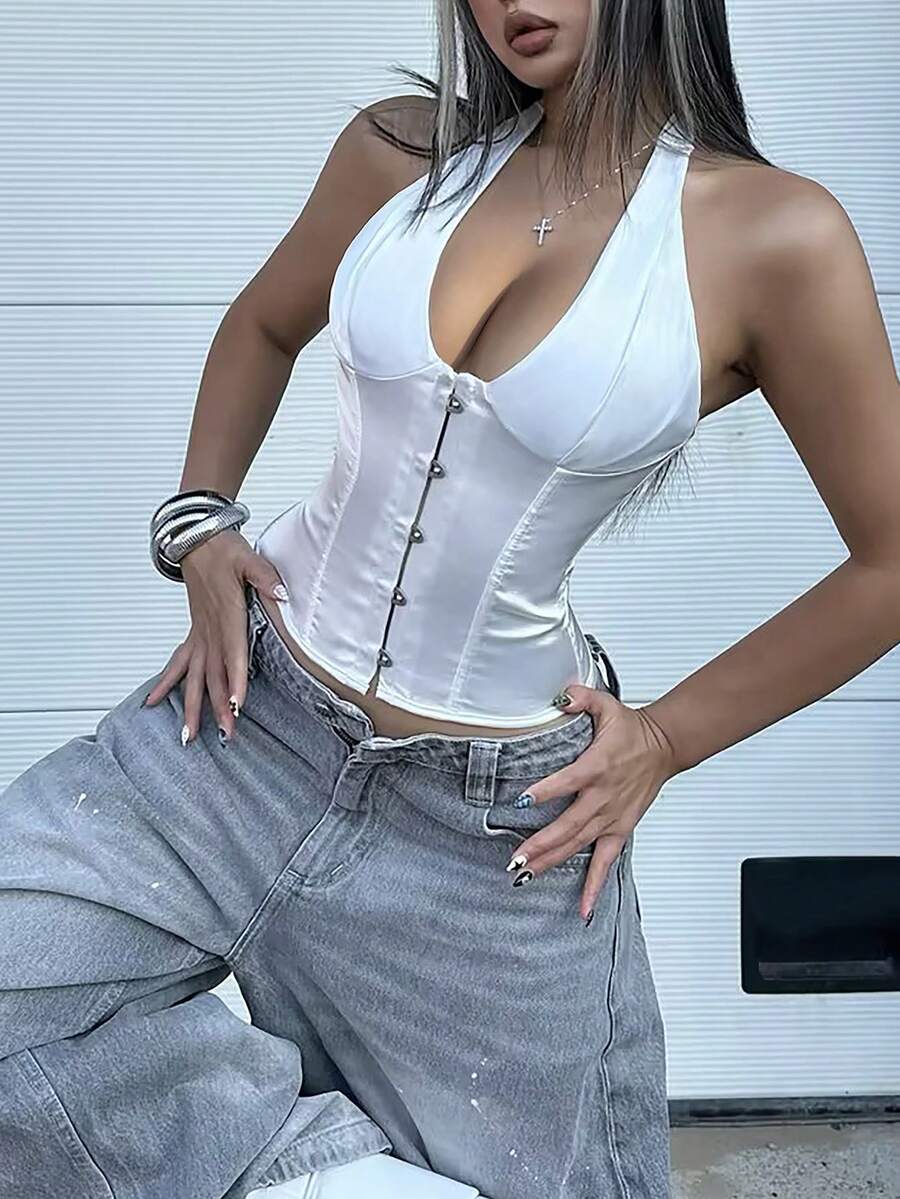 White satin corset crop top featuring a halter neck, slim fit, and back lace-up design.