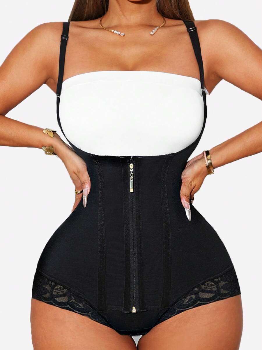 Women's postpartum shapewear bodysuit featuring strong tummy control, zipper front detail, and breathable mesh fabric.