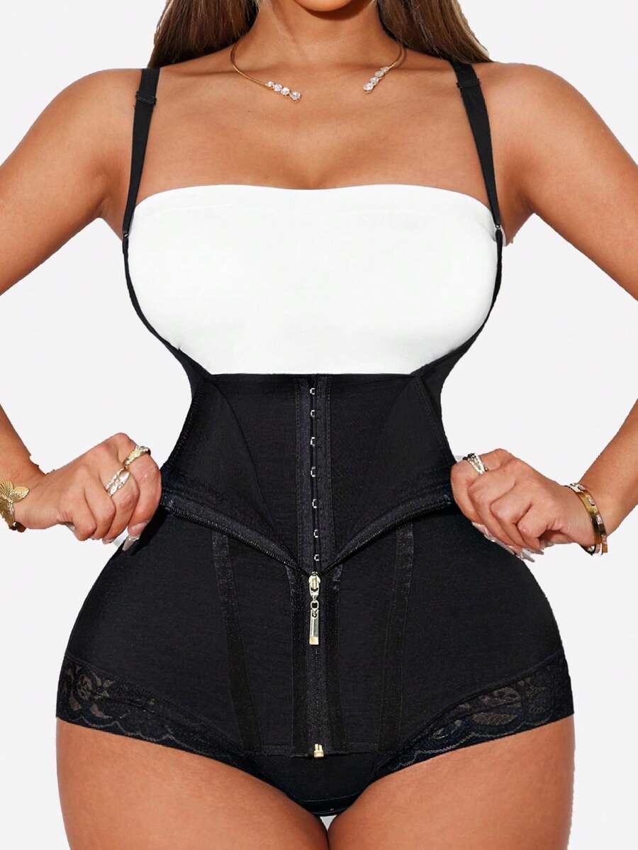 Women's postpartum shapewear bodysuit featuring strong tummy control, zipper front detail, and breathable mesh fabric.