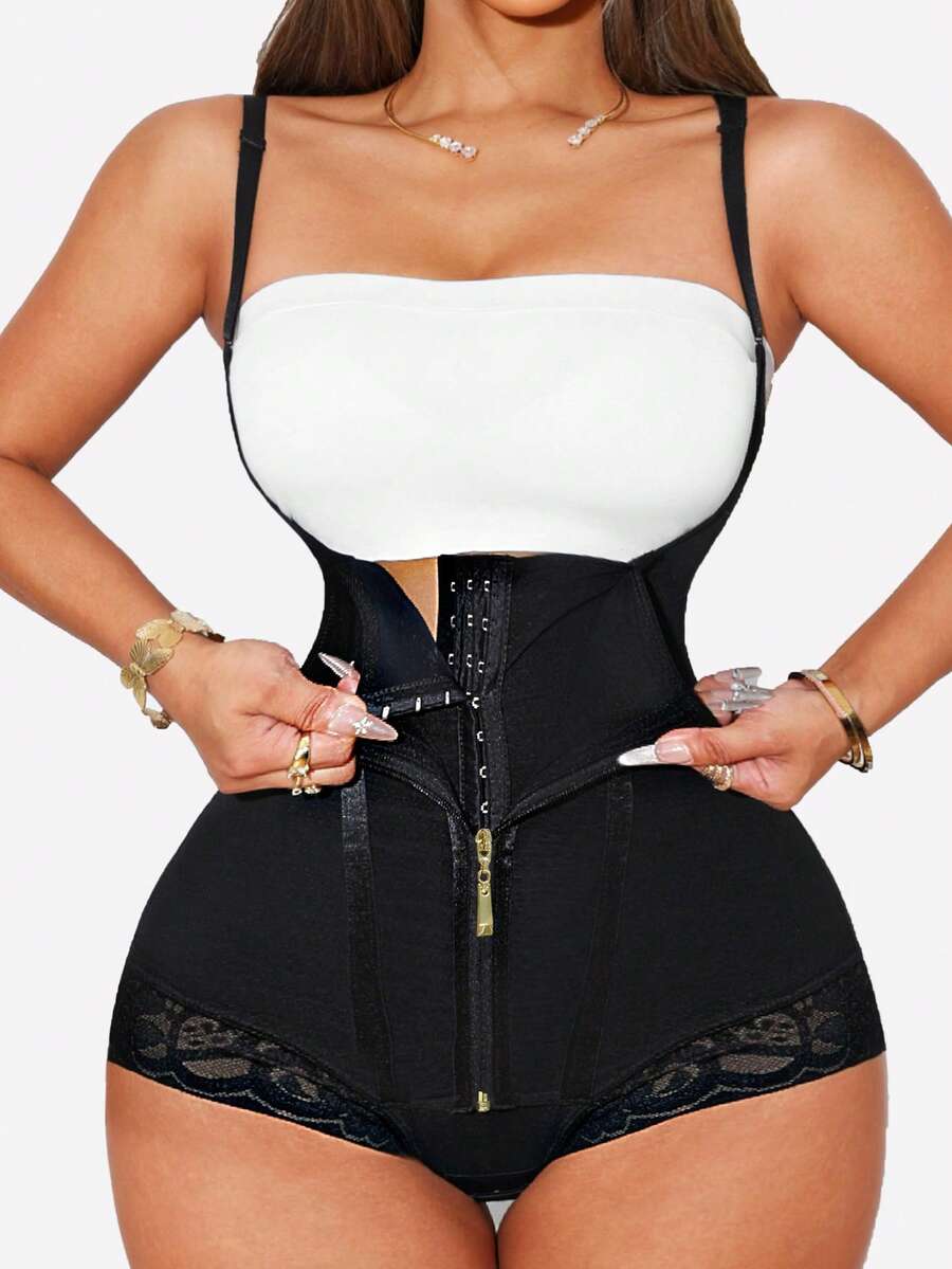 Women's postpartum shapewear bodysuit featuring strong tummy control, zipper front detail, and breathable mesh fabric.
