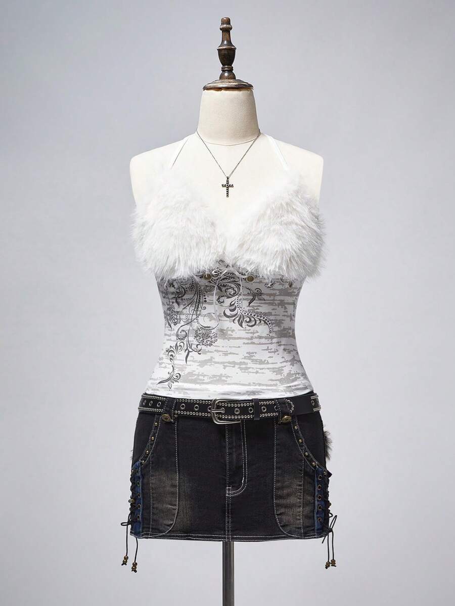 White halter crop top for women featuring contrast lace trim and separate matching arm sleeves