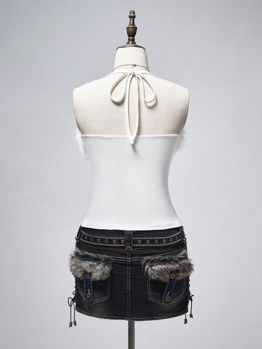 White halter crop top for women featuring contrast lace trim and separate matching arm sleeves