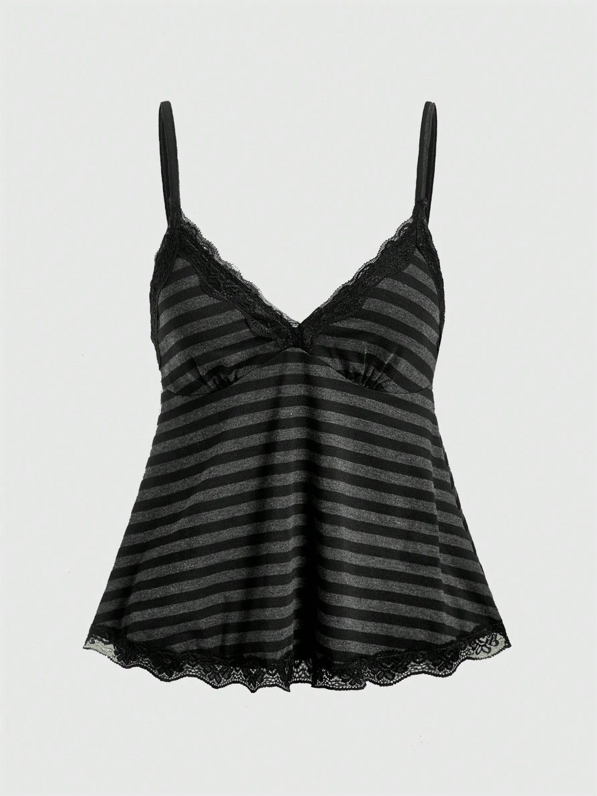 Red and white striped camisole top featuring contrast white scallop lace trim along the neckline and slim fit spaghetti straps.