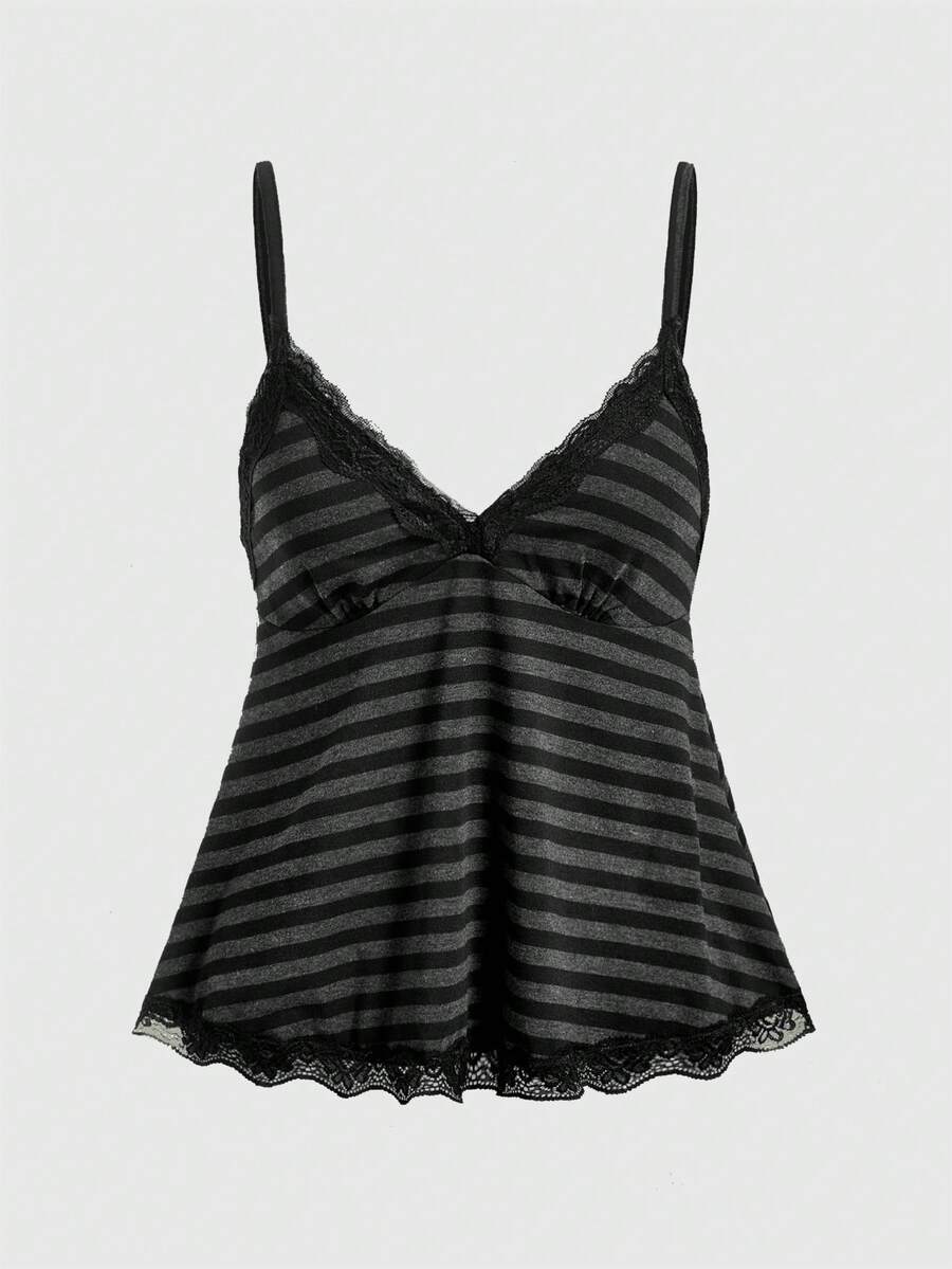 Red and white striped camisole top featuring contrast white scallop lace trim along the neckline and slim fit spaghetti straps.