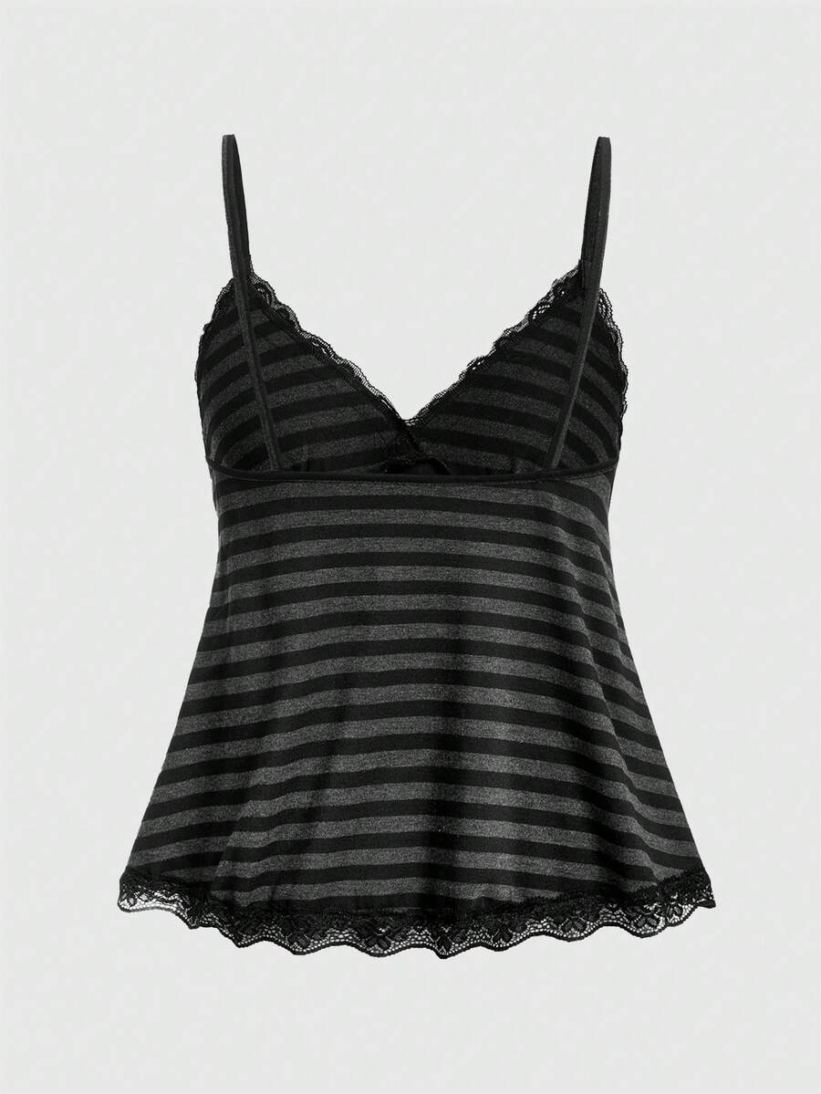 Red and white striped camisole top featuring contrast white scallop lace trim along the neckline and slim fit spaghetti straps.