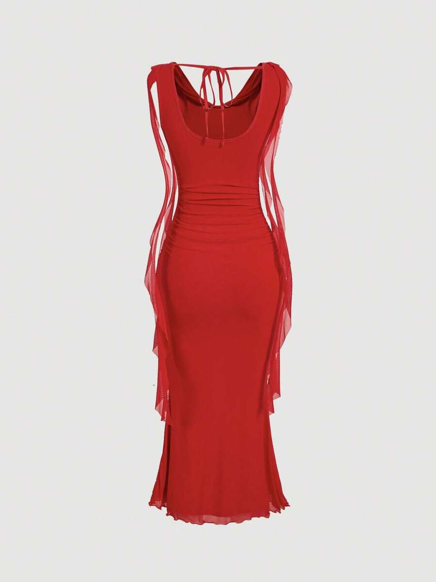 Sleeveless black cowl neck midi bodycon dress for women featuring a draped silhouette, split thigh detail, and slim fit knitted fabric.