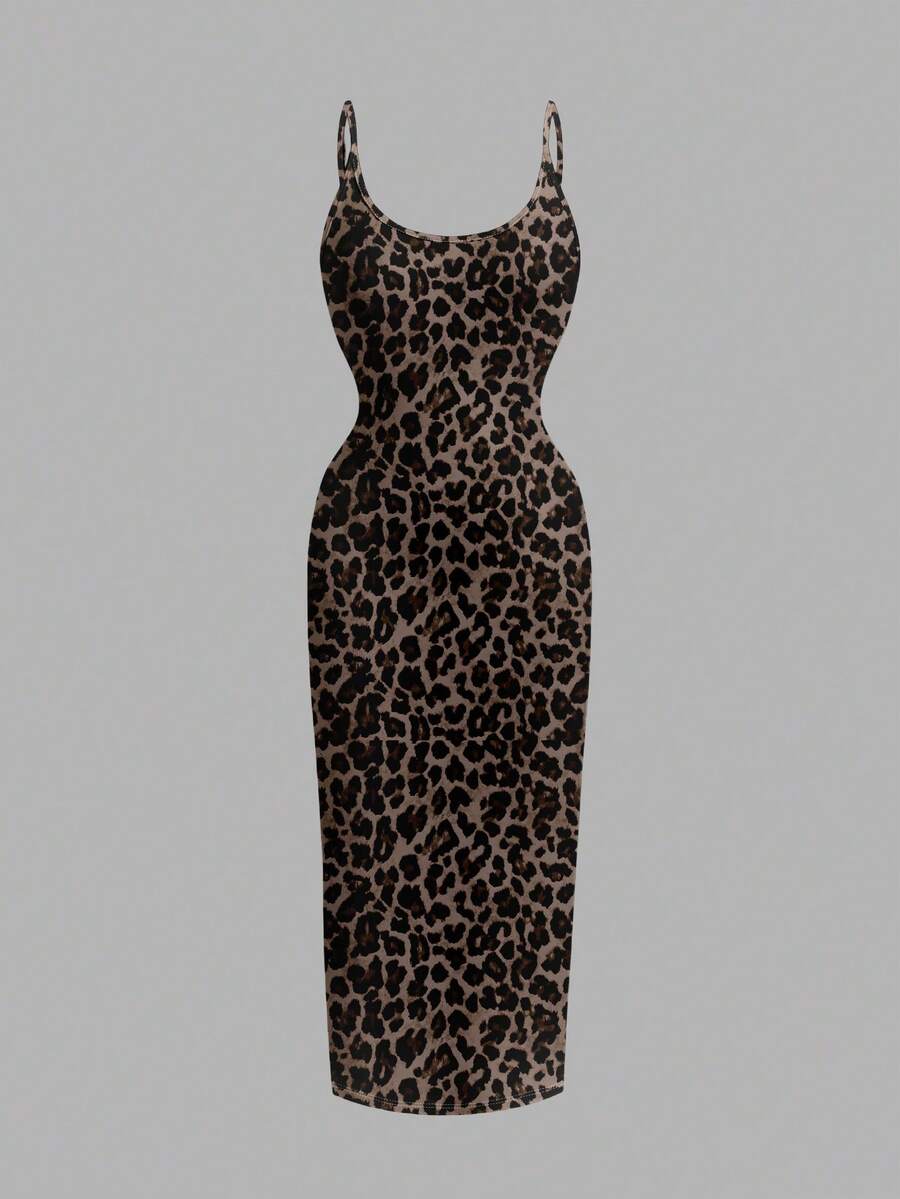Women's minimalist floral daisy print bodycon cami dress with spaghetti straps, backless cut, high waist, and split thigh slit.