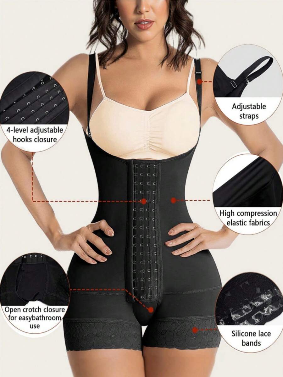 Women's apricot body shaper jumpsuit with 4-row hook and eye front closure and contrast lace details.