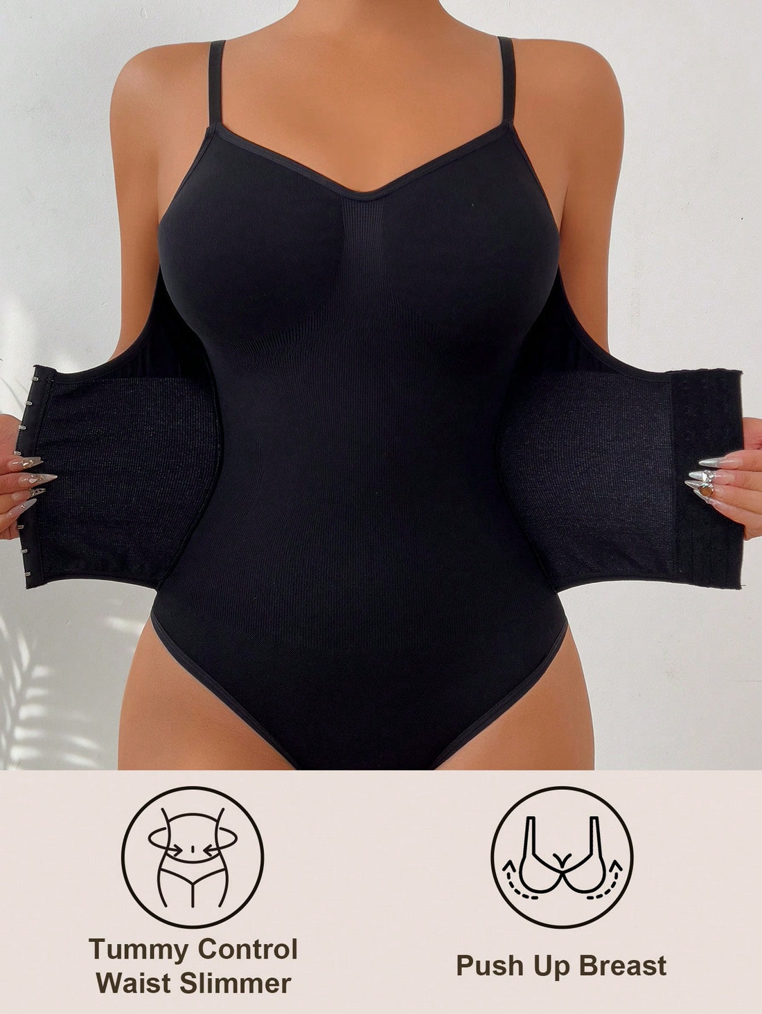 Women's backless waist shaping shapewear bodysuit in black featuring high stretch fabric and ultra light tummy support.