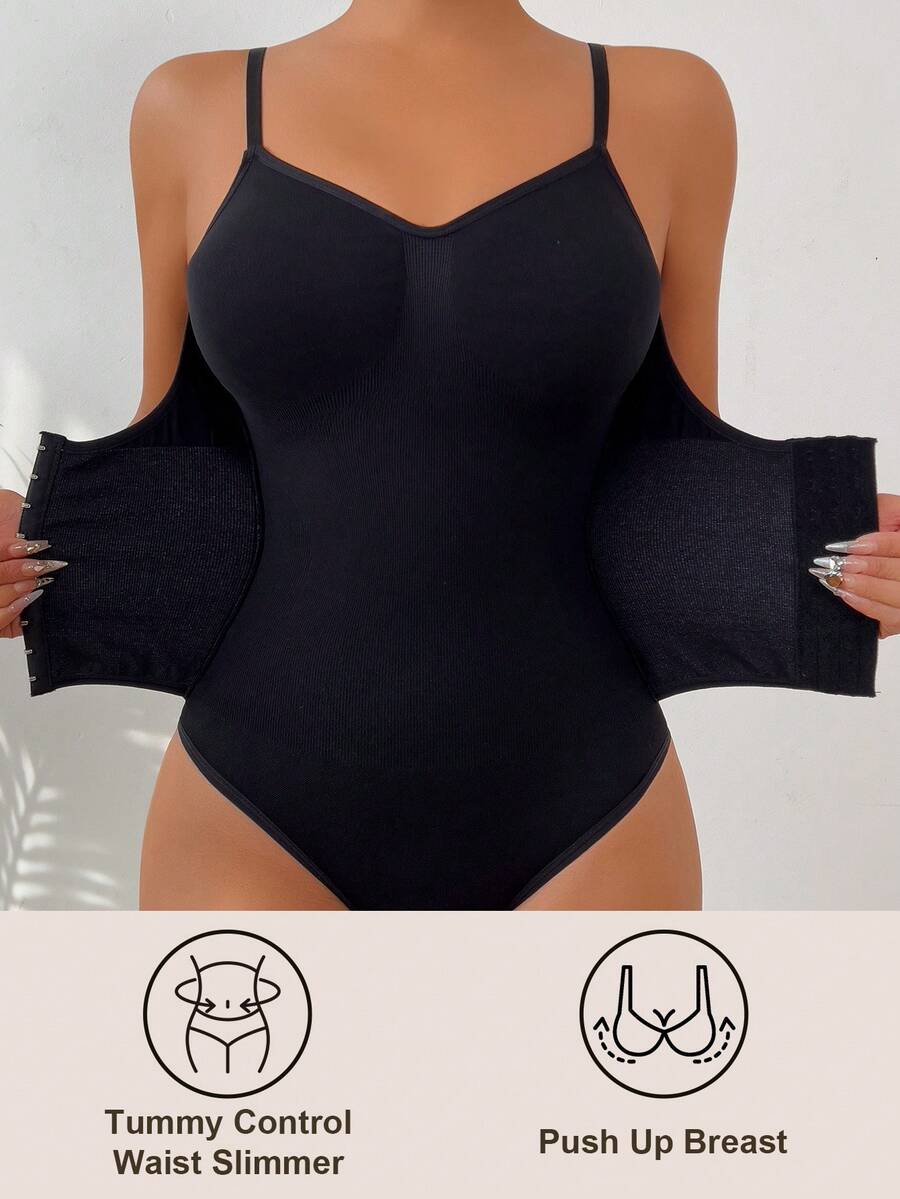 Women's backless waist shaping shapewear bodysuit in black featuring high stretch fabric and ultra light tummy support.