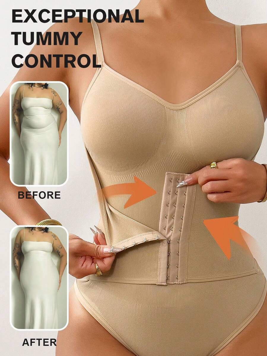 Women's backless waist shaping shapewear bodysuit in black featuring high stretch fabric and ultra light tummy support.